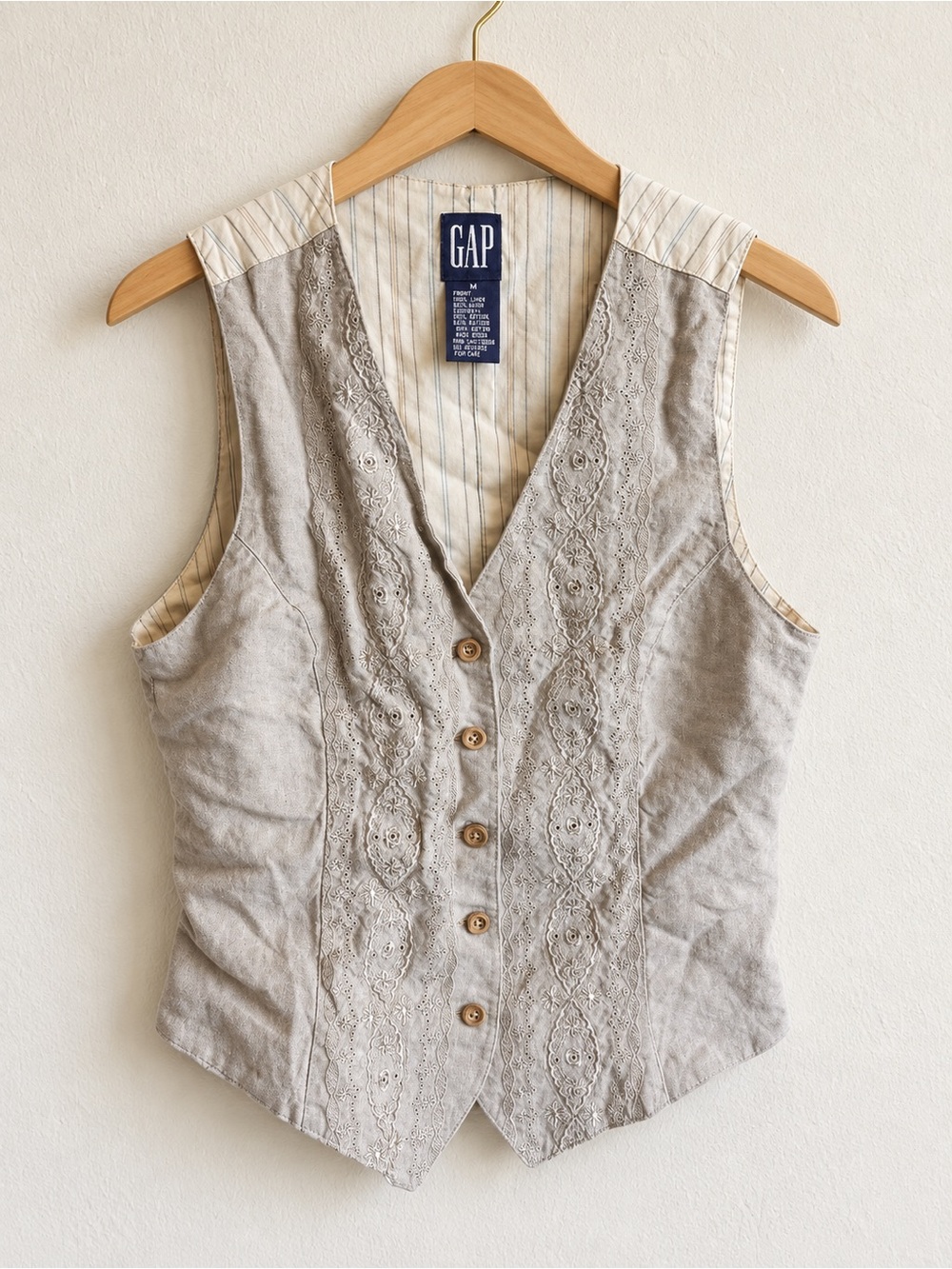 GAP Beige Linen-Blend Embroidered Button-Front Vest
